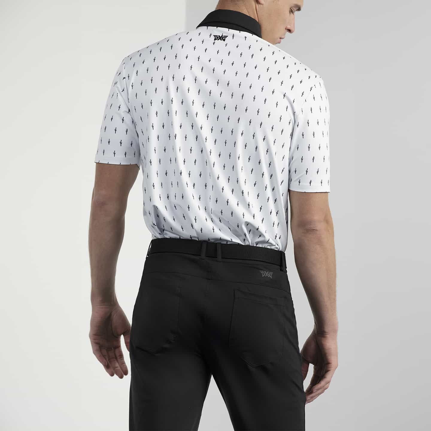 PXG men's white cactus print polo on a white background