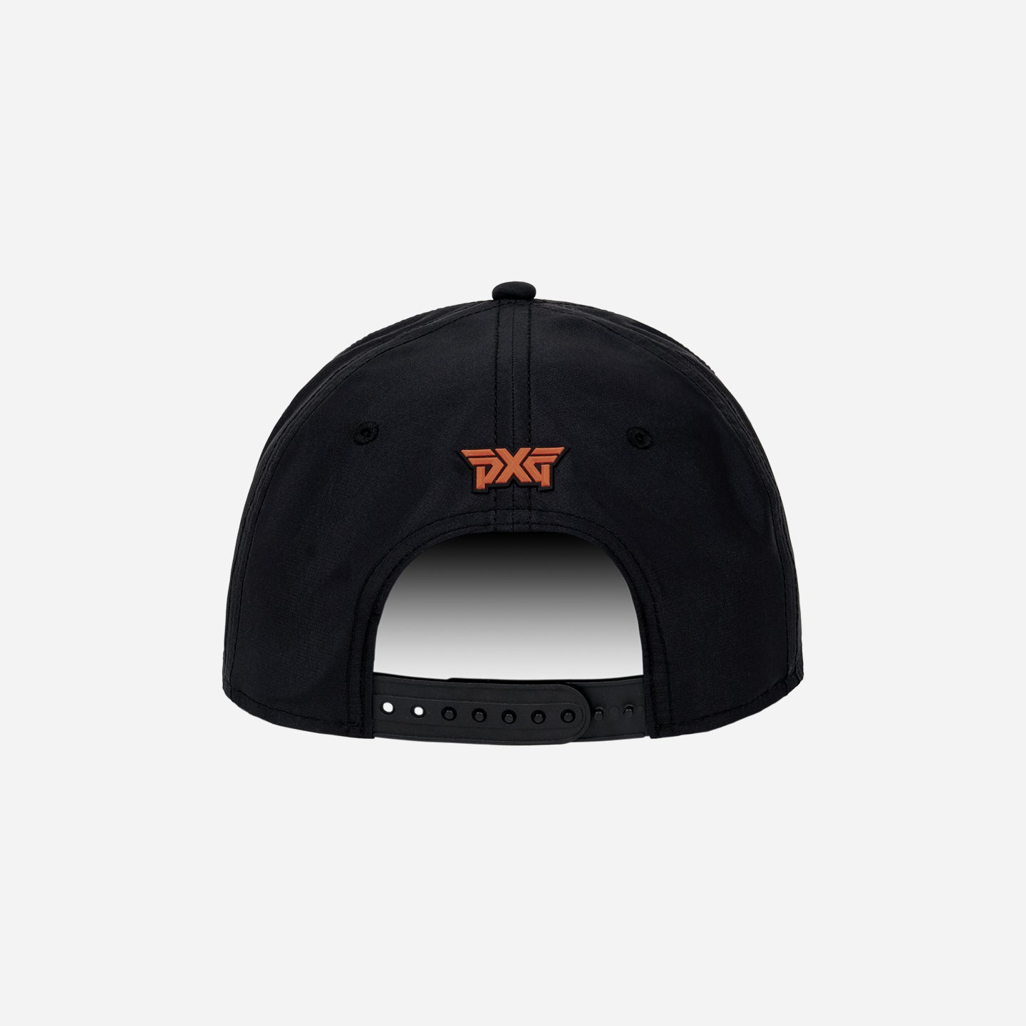 Black cap with orange logo on a white background