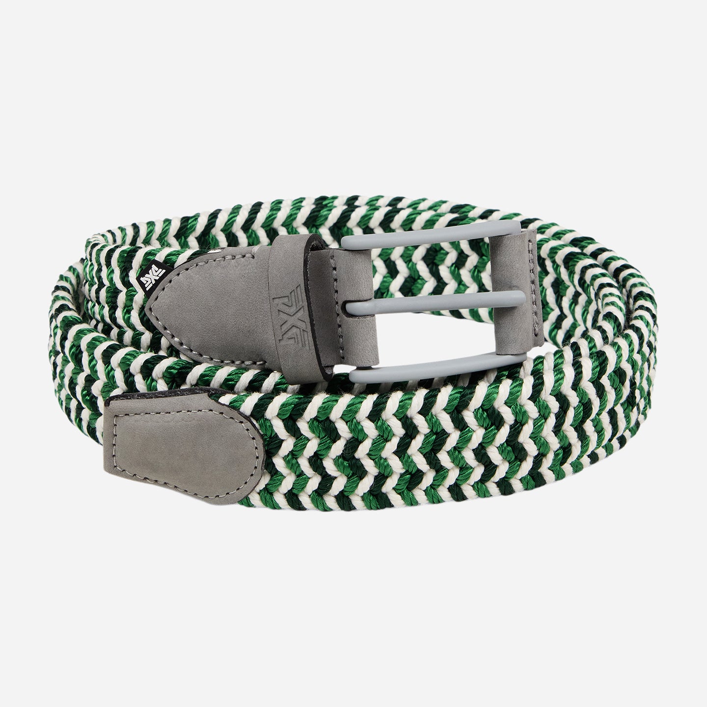 PXG men's stretch green and white braided belt on a white background