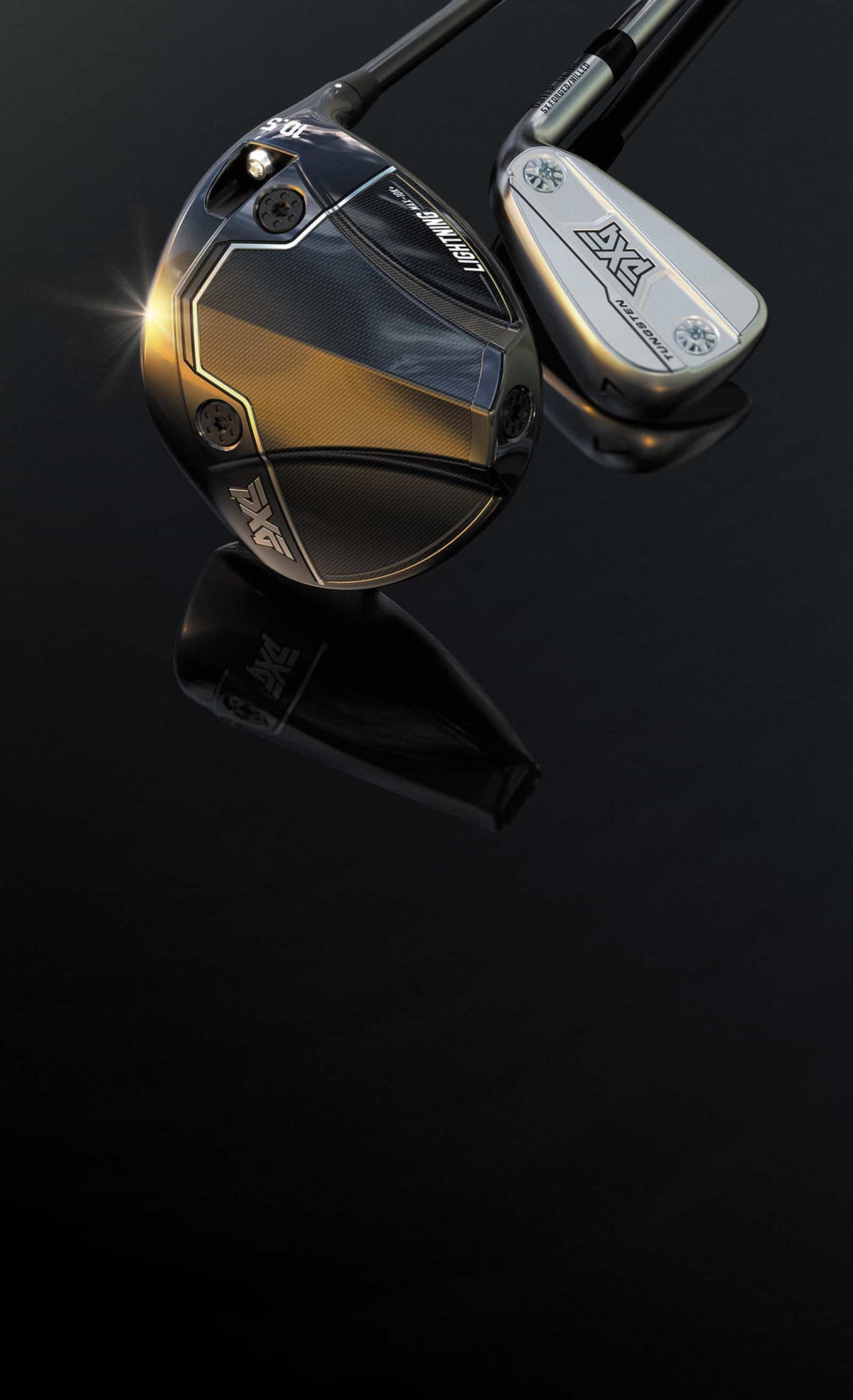 A PXG driver and iron on a black background