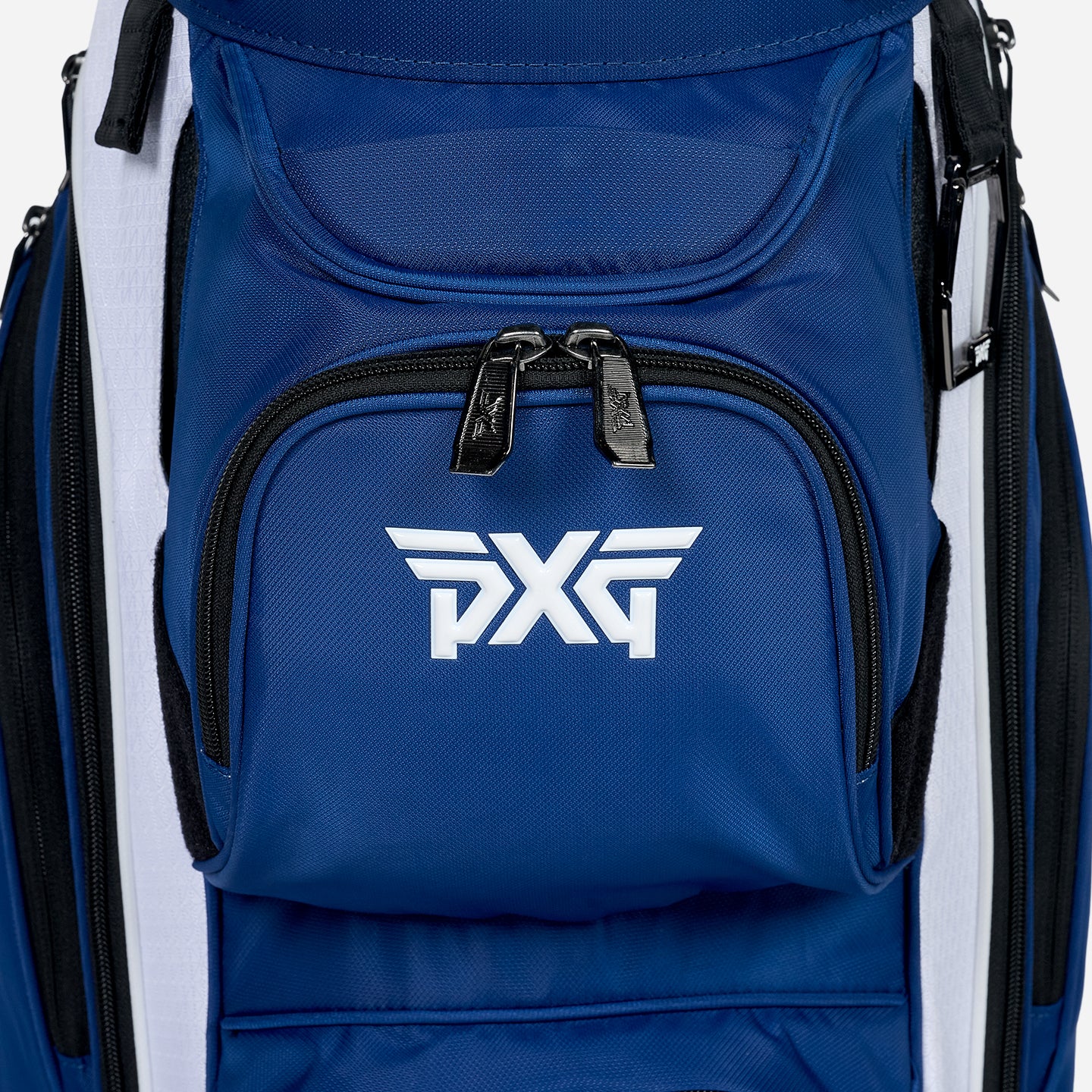 PXG navy and white PXG xtreme cart golf bag on a white background