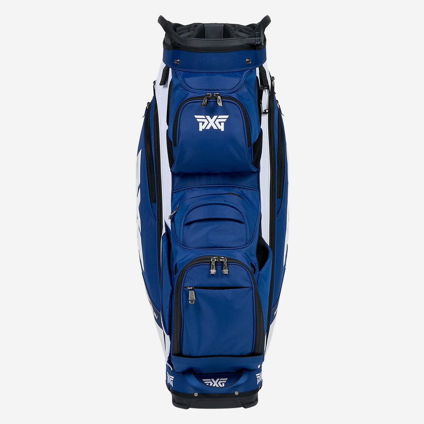 PXG navy and white PXG xtreme cart golf bag on a white background
