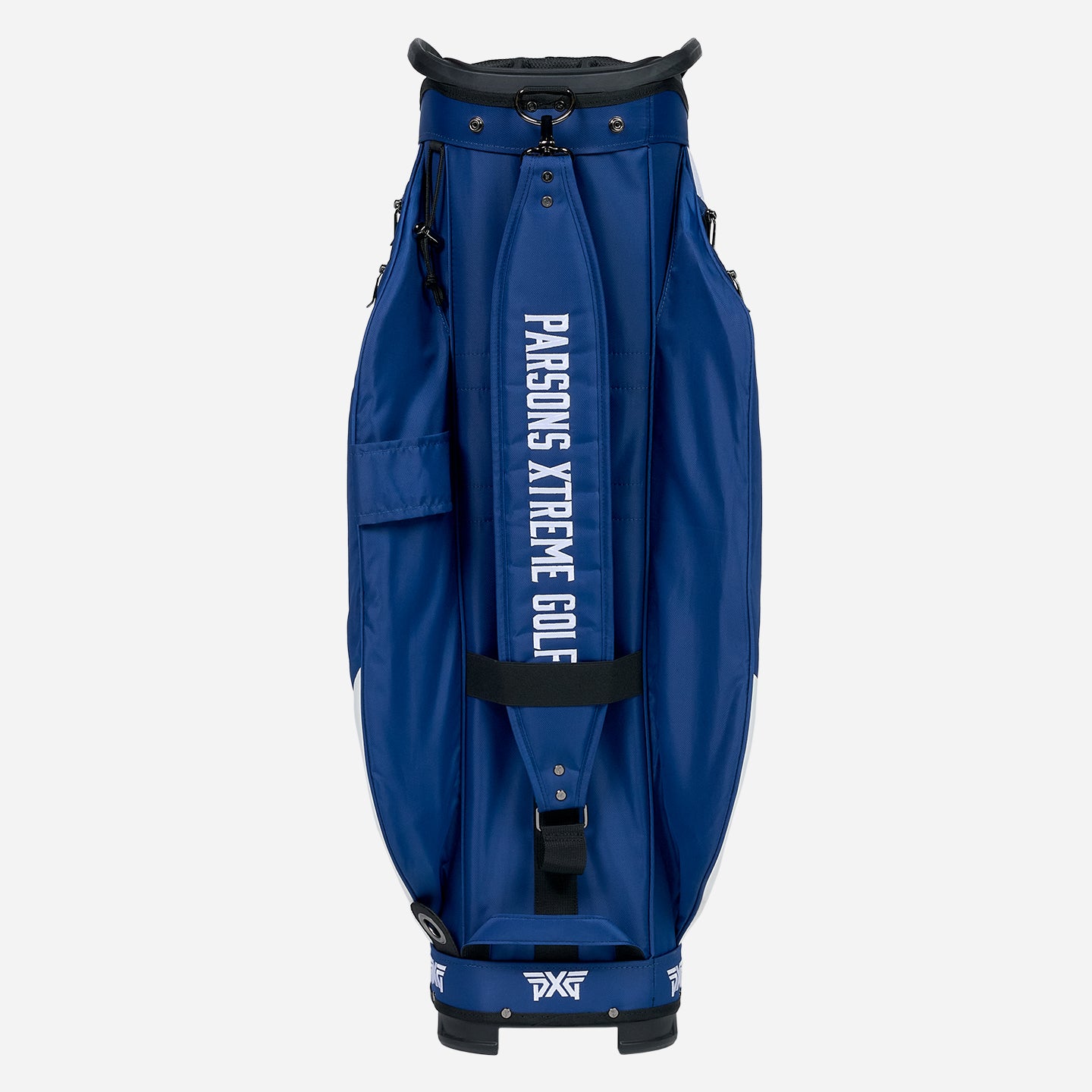 PXG navy and white PXG xtreme cart golf bag on a white background