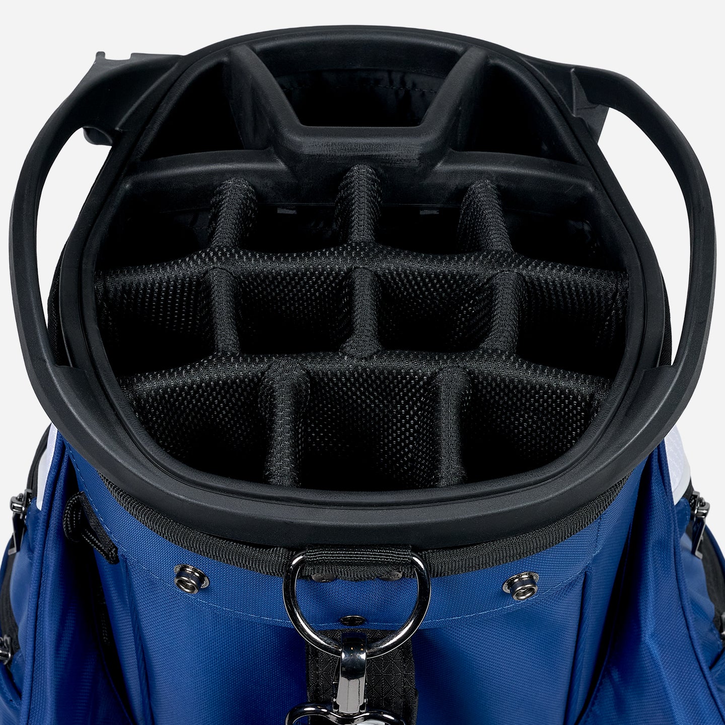 PXG navy and white PXG xtreme cart golf bag on a white background