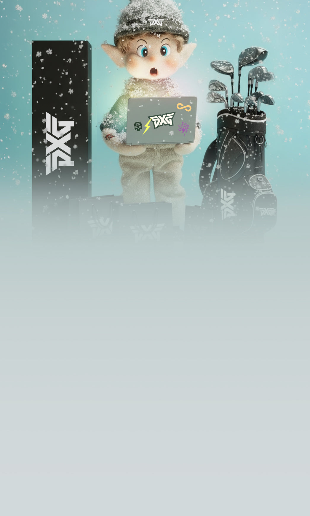 Animated character holding a laptop with FXG branding in a snowy landscape