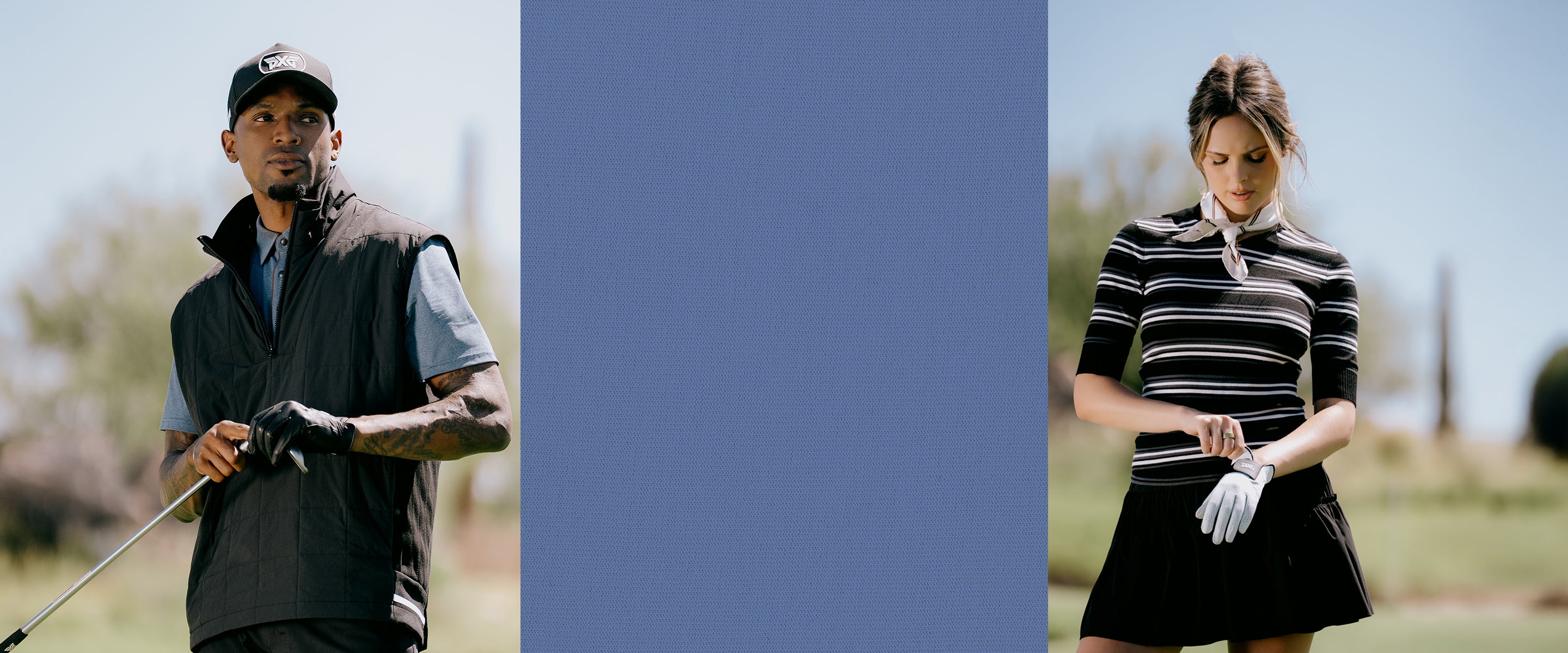 Two people on a golf course with a blue separator