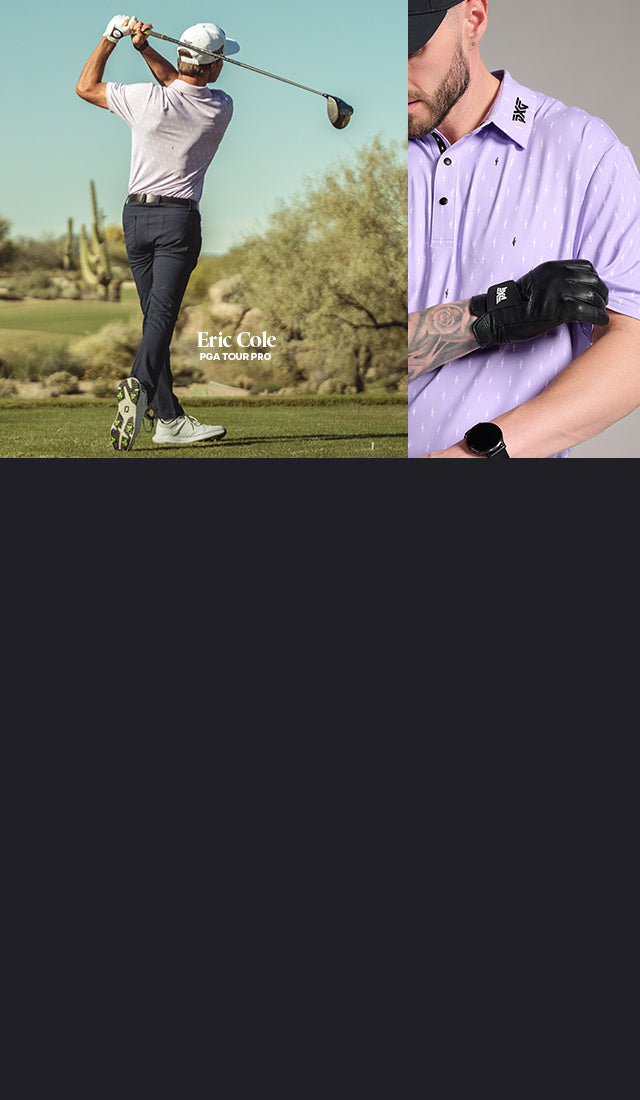 Golf player in action on a golf course with a close-up of a person wearing a glove.
