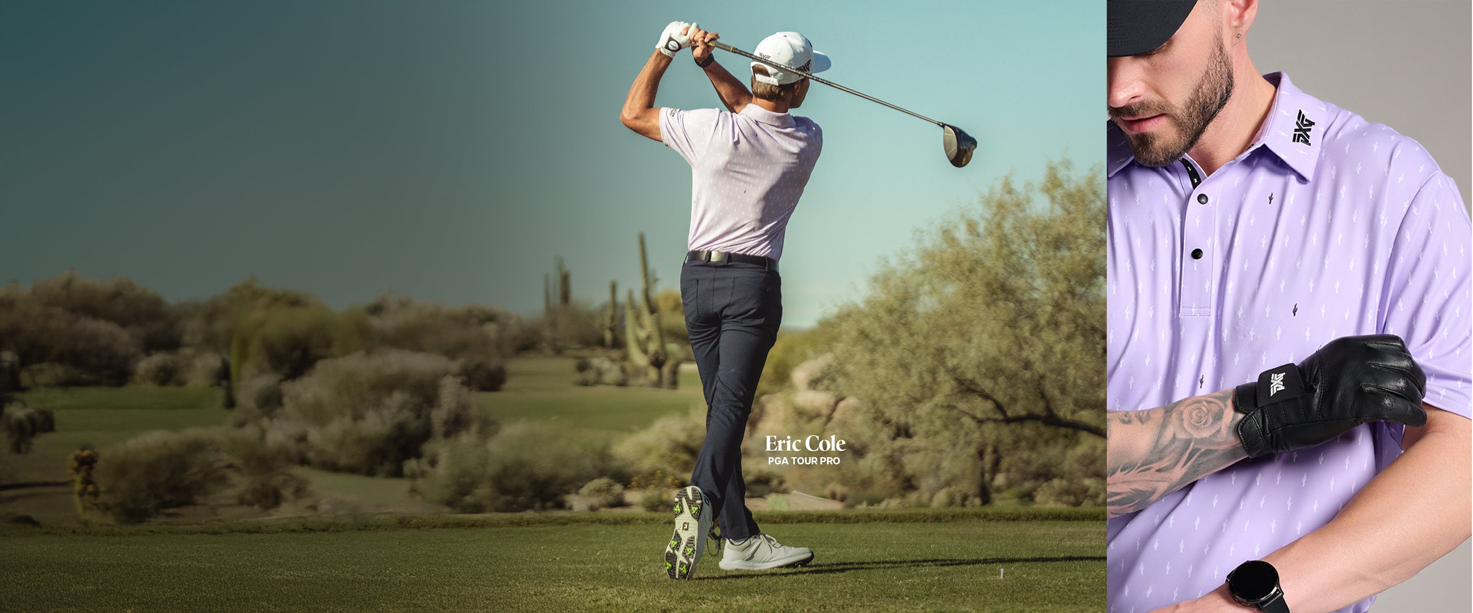 Golfer in action on a golf course with a close-up of a person wearing a purple shirt and black gloves.