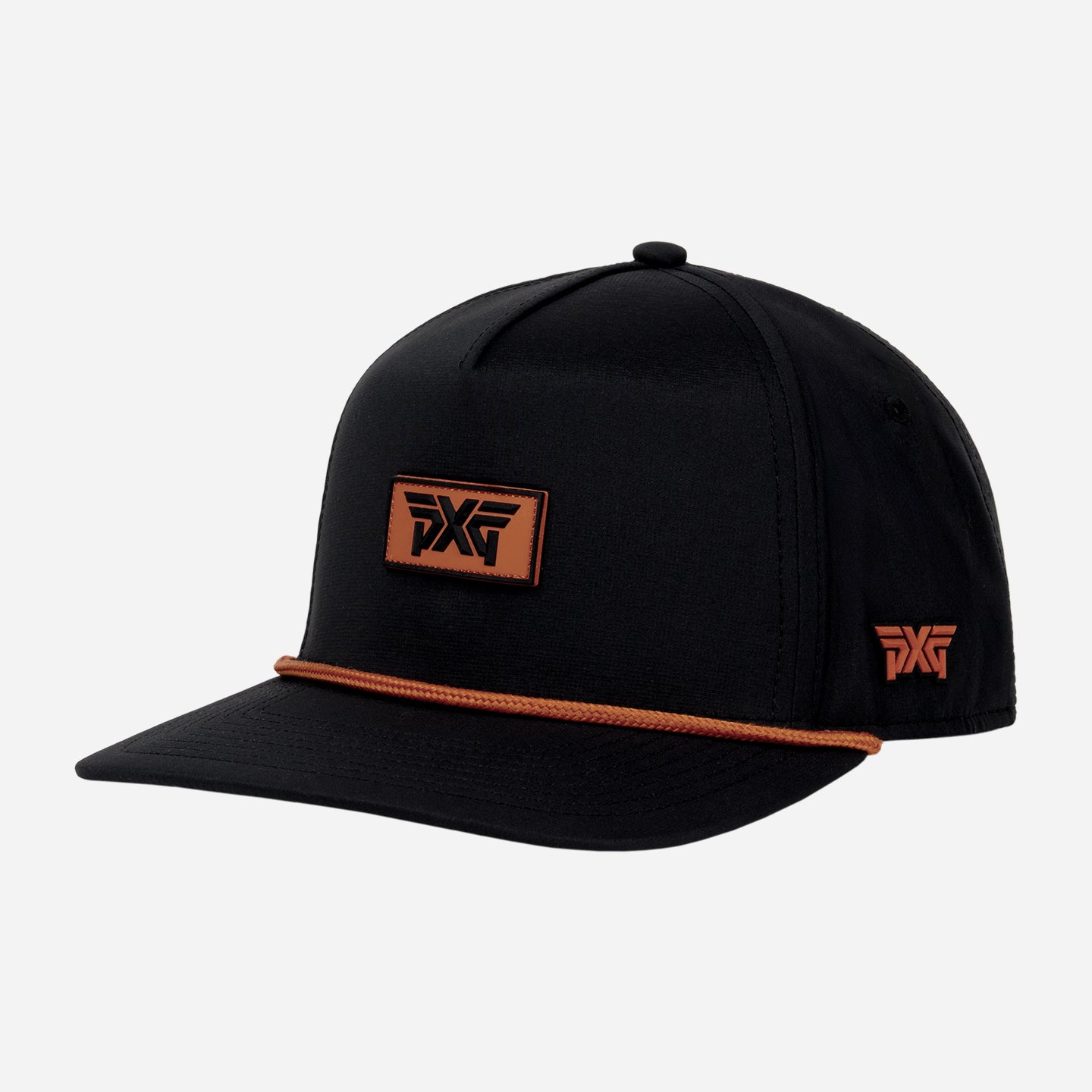 Black cap with orange logo on a white background