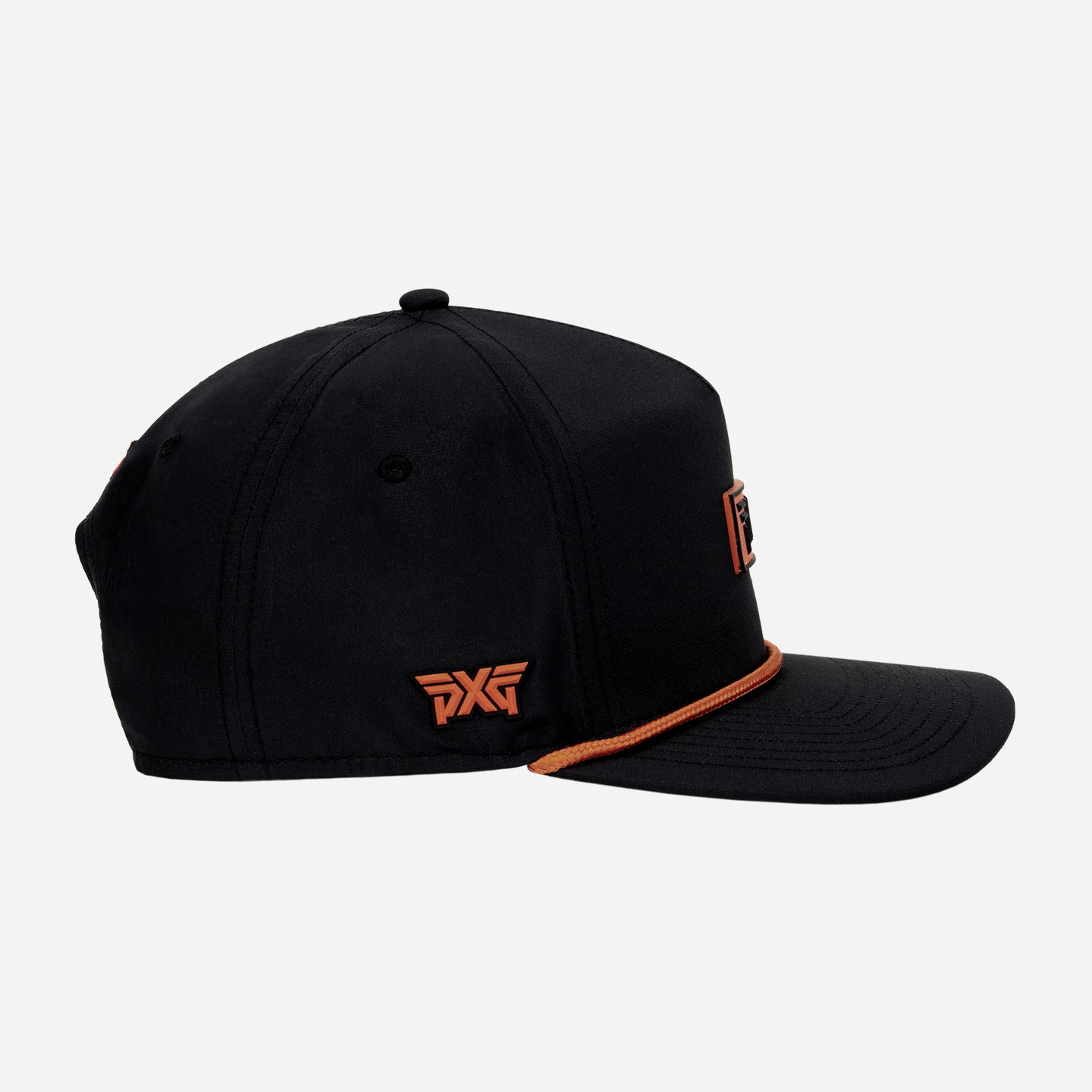 Black cap with orange logo on a white background
