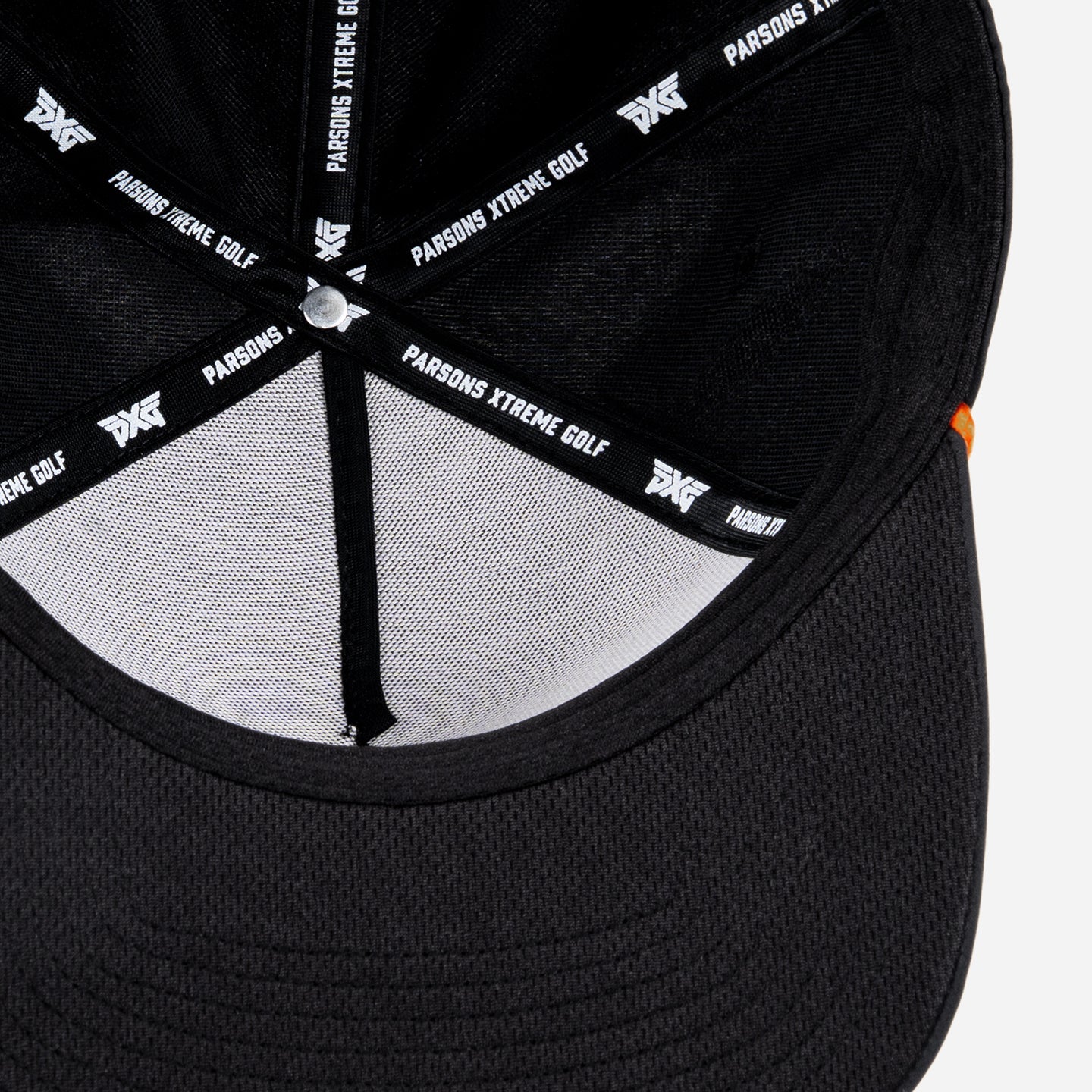 Black cap with orange logo on a white background