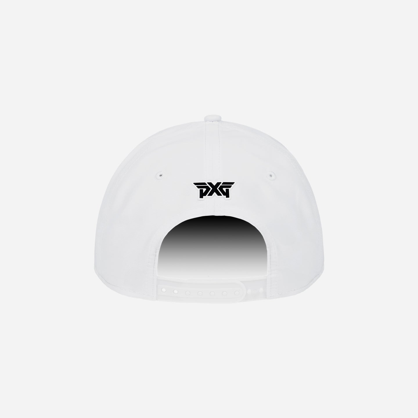 White cap with a black logo on a white background