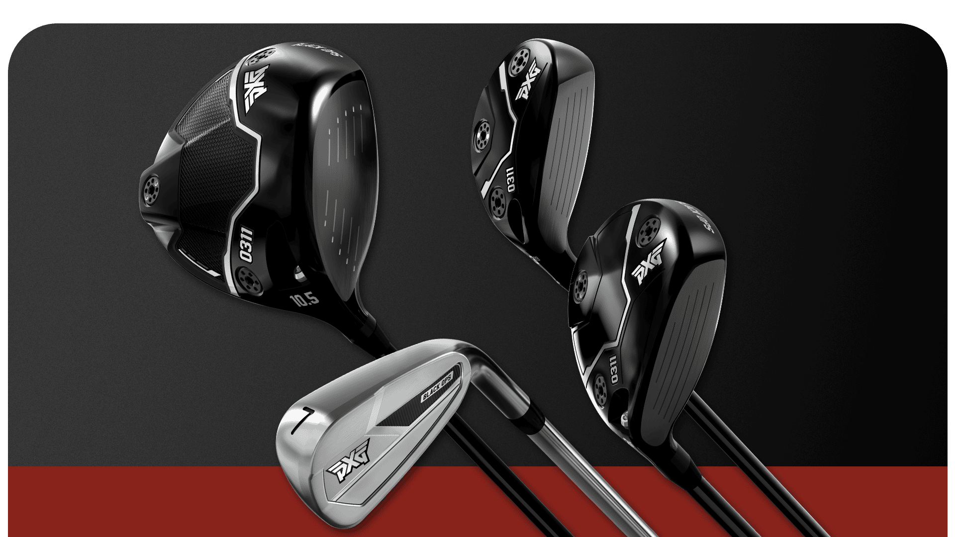 four pxg golf clubs arranged diagonally against a dark gray and red background with a red border.