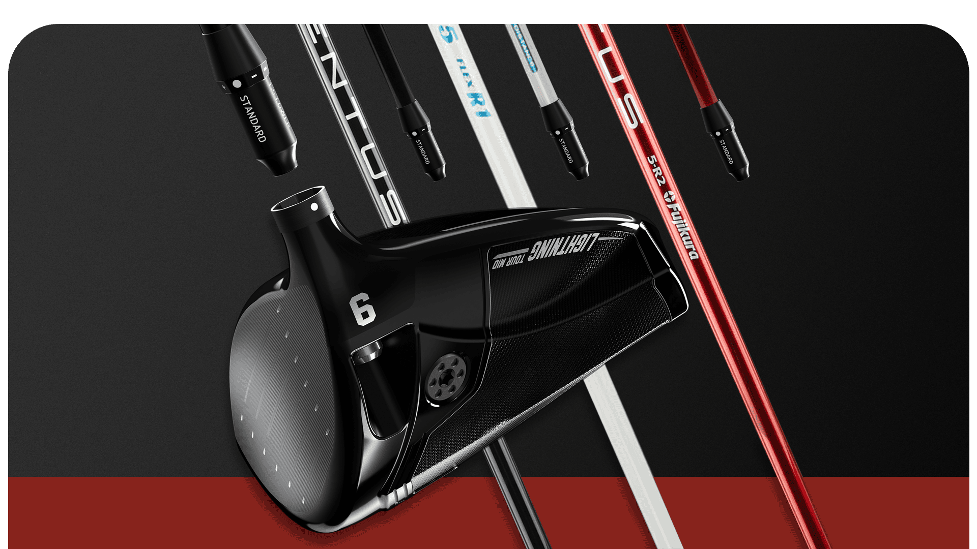 A set of golf clubs arranged diagonally on a dark background, featuring a black PXG club head 