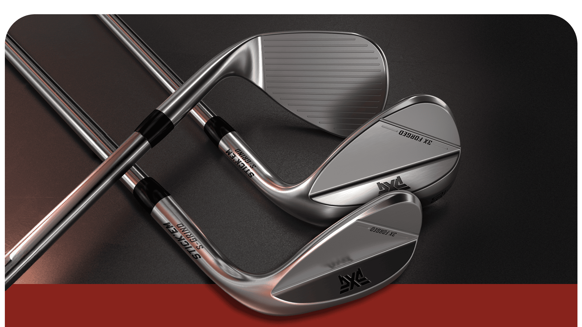 three metallic golf wedges with black and silver shafts, shown crossed over each other on a dark background with a red strip at the bottom.