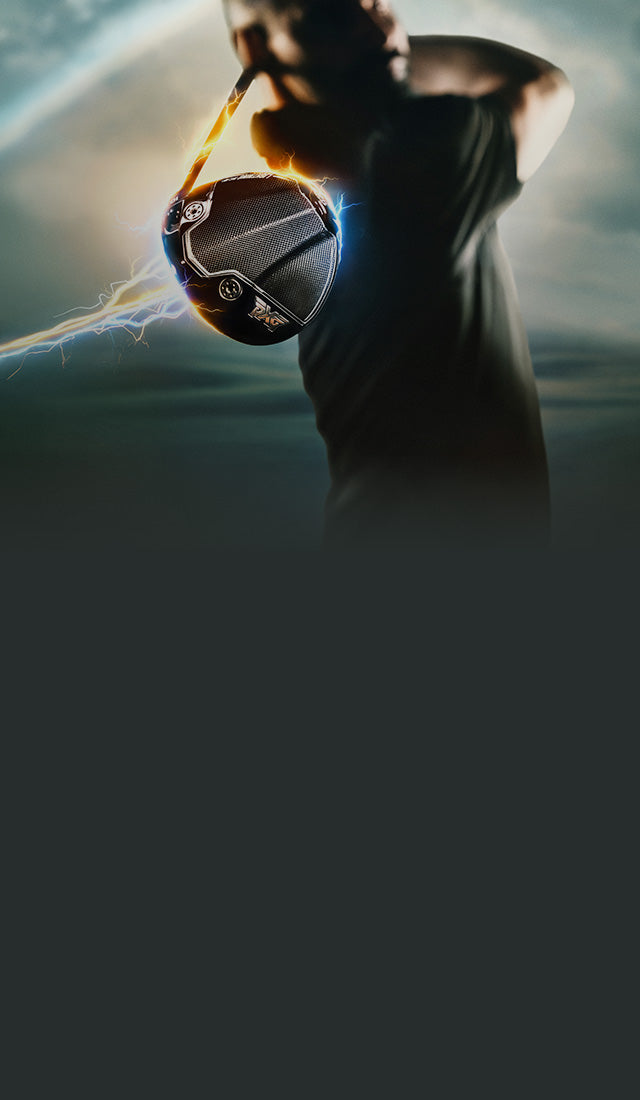 Person holding a golf club with a dramatic lightning effect