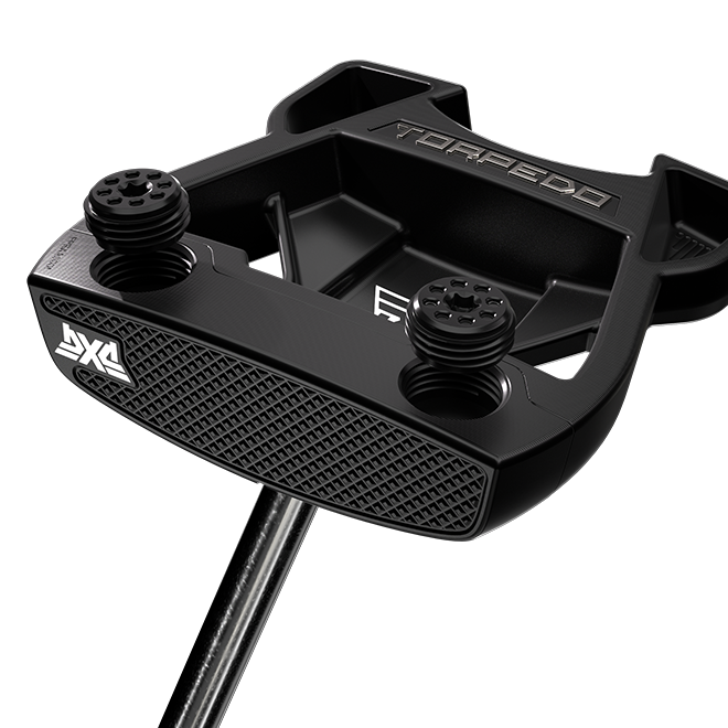 Close-up of a black PXG Torpedo golf putter head with textured face, adjustable screws, and a black shaft on a white background.