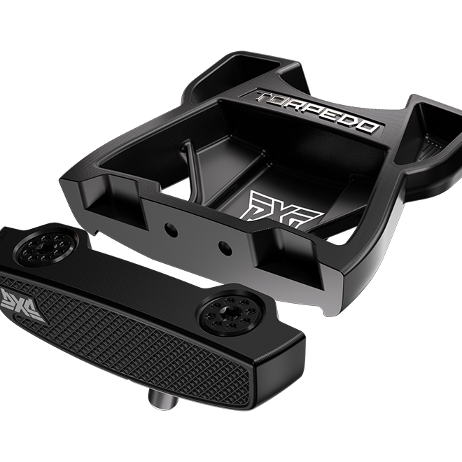 Black forged PXG golf putter head and matching sole assembly with silver and white branding, shown on a clean white background.