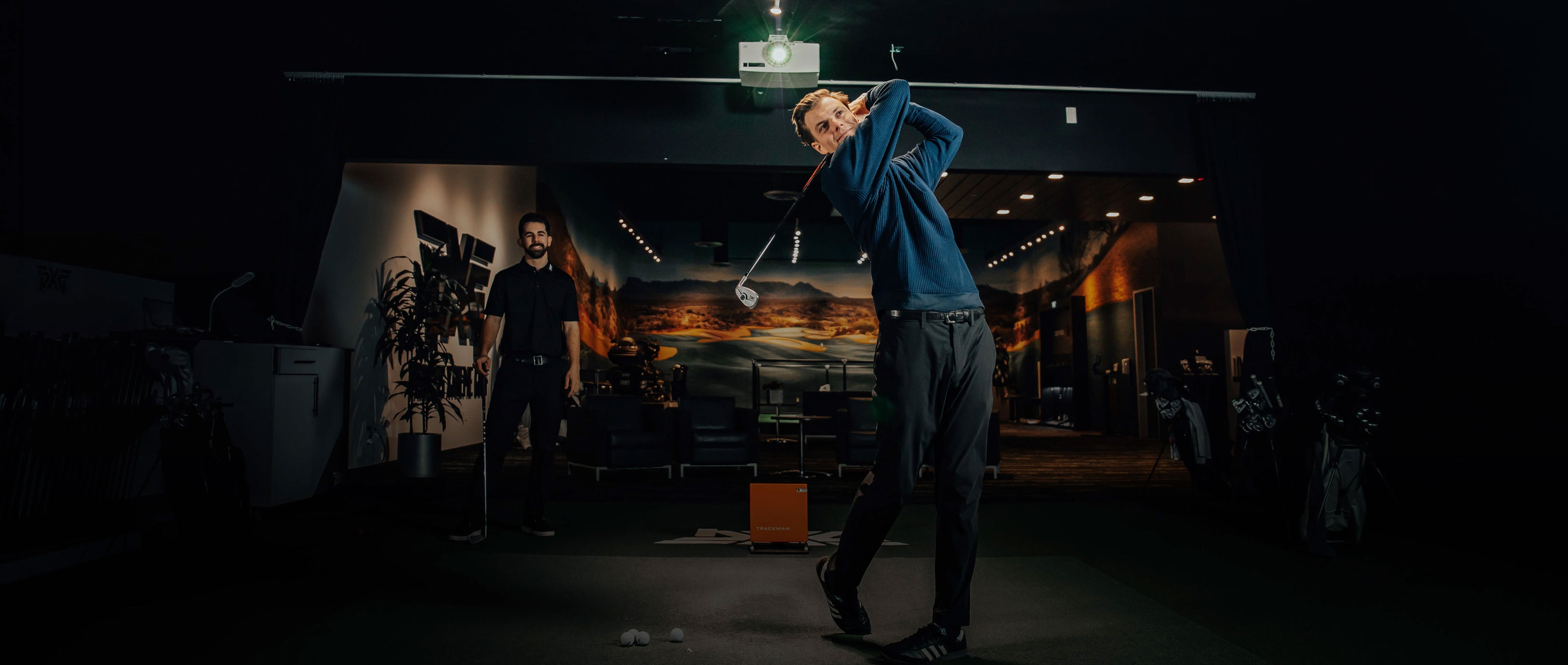 Person playing golf in a dimly lit indoor setting